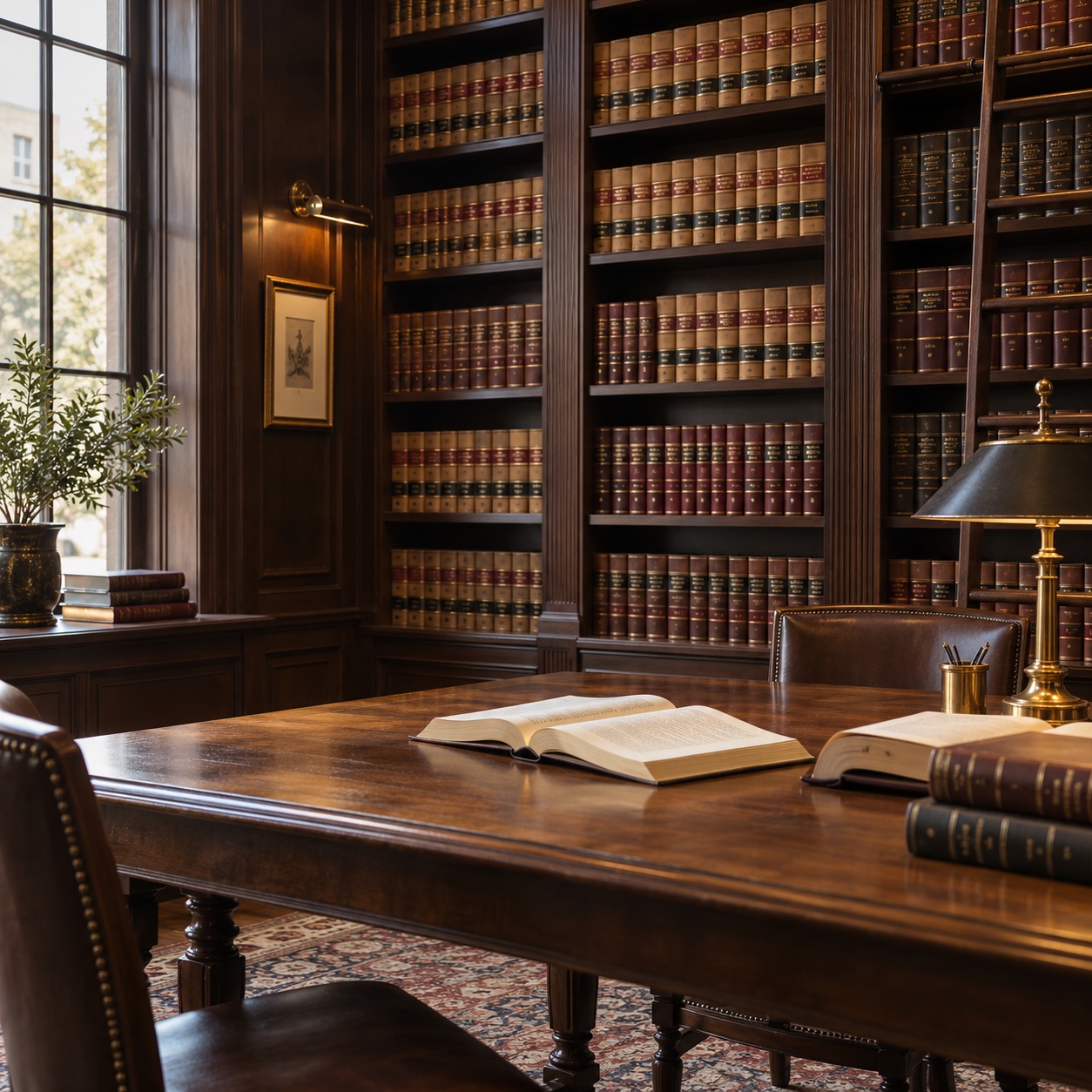 Law library with leather-bound legal books and a wooden reading table