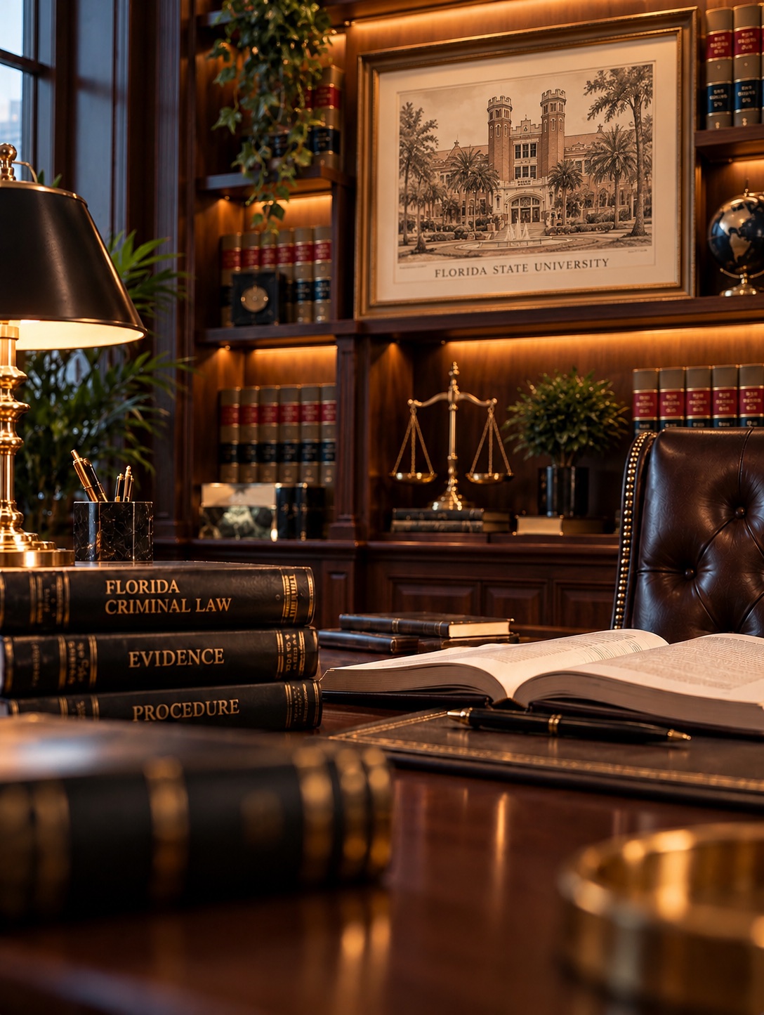 Warmly lit law office with legal books and scales of justice
